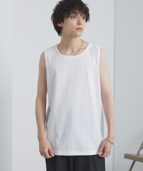 MONO-MART（モノマート）の「ルーズレイヤードサイドスリットタンクトップ（タンクトップ・メンズ・ホワイト/チャコール/アッシュブラウン/グレイッシュブルー/ブラック/スミクロ/アイボリー/サックスブルー/アッシュグレー/ダークネイビー/ピンク系/ライトグレー/グリーン系/グレイッシュベージュ/オートミール/レッド系/ブルー系・S/M/L/XL）」の21枚目の写真