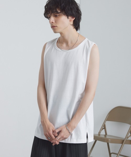 MONO-MART（モノマート）の「ルーズレイヤードサイドスリットタンクトップ（タンクトップ・メンズ・ホワイト/チャコール/アッシュブラウン/グレイッシュブルー/ブラック/スミクロ/アイボリー/サックスブルー/アッシュグレー/ダークネイビー/ピンク系/ライトグレー/グリーン系/グレイッシュベージュ/オートミール/レッド系/ブルー系・S/M/L/XL）」の22枚目の写真