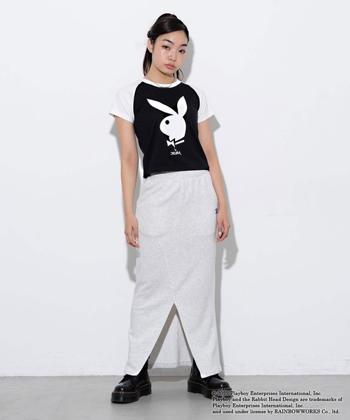 X-girl（エックスガール）の「Playboy × X-girl RAGLAN SLEEVE BABY TEE（Tシャツ/カットソー・レディース・ライトブルー/ホワイト/ブラック・M/S）」の6枚目の写真