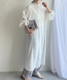 バンドカラーボリュームスリーブ長袖ケープロングシャツワンピース