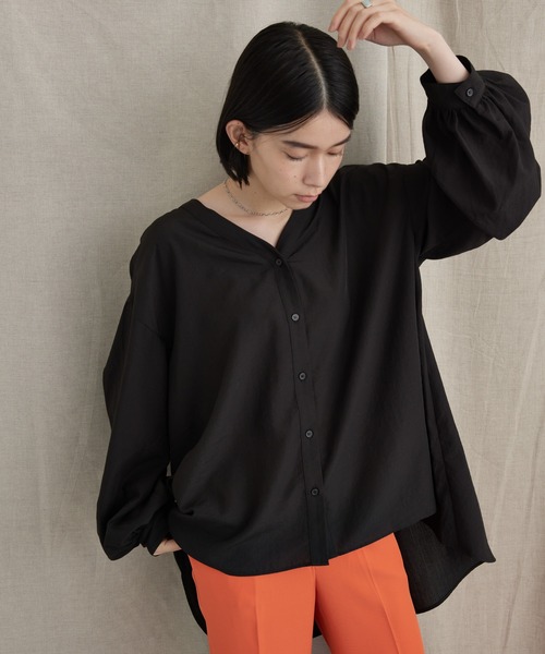 AMERICAN HOLIC（アメリカンホリック）の「Ｖネックボリュームシアーチュニック（Tシャツ/カットソー・レディース・ブラック/テラコッタ・L/M）」の2枚目の写真