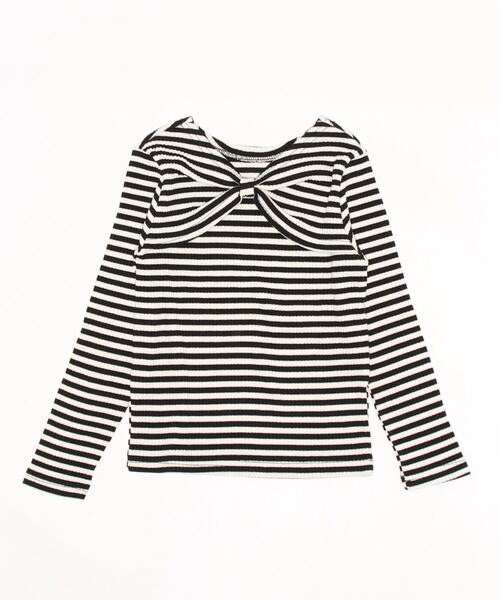 Rora（ローラ）の「リウ リボン ボーダー Tシャツ 白 黒 長袖トップス（Tシャツ/カットソー・キッズ・ブラック・110/120/130/140/150）」の3枚目の写真