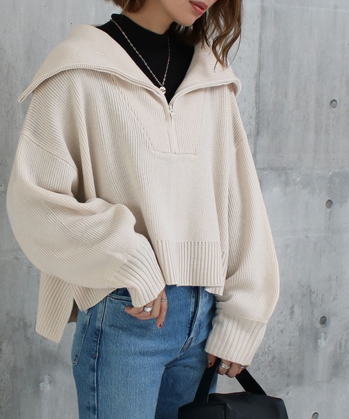 Social GIRL（ソーシャルガール）の「ハーフジップニットプルオーバー（ニット/セーター・レディース・ベージュ/ブラック/アイボリー・M）」の2枚目の写真