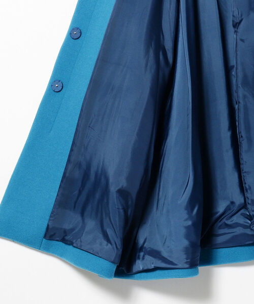 美品 エムフィル ウールノーカラーコート ライトブルー フレアAライン ゆったり 美品 エムフィル ウールノーカラーコート ライトブルー フレアAライン