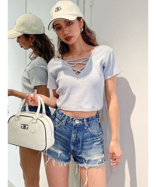 GYDA(ジェイダ)の「GG 2WAYバインダーショートTシャツ(Tシャツ/カットソー・レディース・ライトブルー/ブラック/パープル/オフホワイト・FREE)」の4枚目の写真