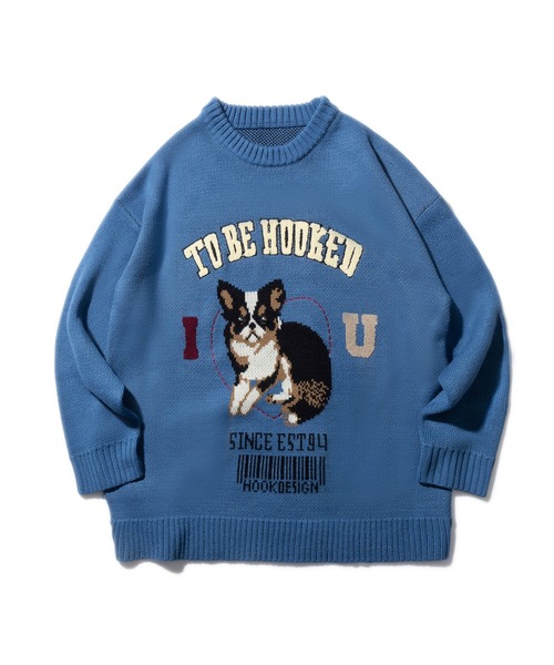 HOOK(フック)の「HOOK -original- アメカジワンちゃんイラストニット風スウェット(スウェット・メンズ・ライトグレー/ブルー・M/L/XL)」の8枚目の写真