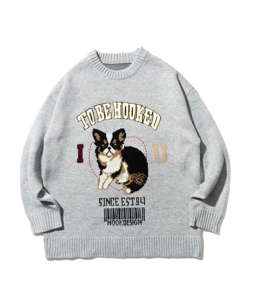 HOOK(フック)の「HOOK -original- アメカジワンちゃんイラストニット風スウェット(スウェット・メンズ・ライトグレー/ブルー・M/L/XL)」の10枚目の写真