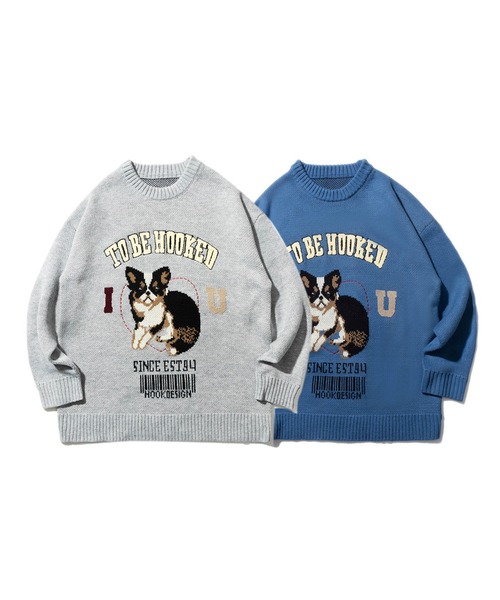 HOOK(フック)の「HOOK -original- アメカジワンちゃんイラストニット風スウェット(スウェット・メンズ・ライトグレー/ブルー・M/L/XL)」の7枚目の写真