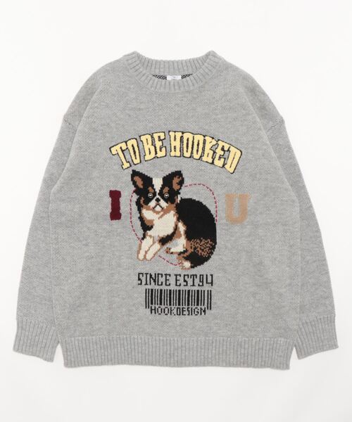HOOK(フック)の「HOOK -original- アメカジワンちゃんイラストニット風スウェット(スウェット・メンズ・ライトグレー/ブルー・M/L/XL)」の3枚目の写真