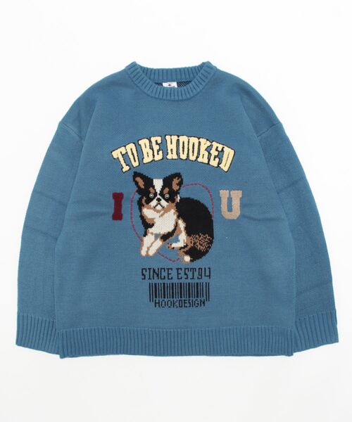 HOOK(フック)の「HOOK -original- アメカジワンちゃんイラストニット風スウェット(スウェット・メンズ・ライトグレー/ブルー・M/L/XL)」の4枚目の写真