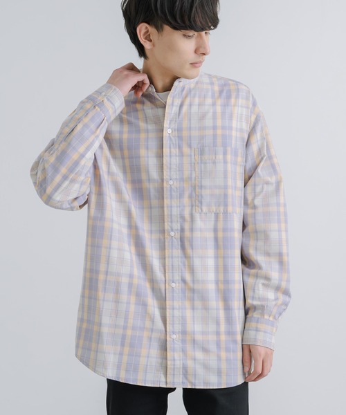 Rocky Monroe(ロッキーモンロー)の「オーバーサイズ バンドカラーブロードチェックシャツ(シャツ/ブラウス・メンズ・ラベンダー/オレンジ/ベージュ/グレー・M/L)」の3枚目の写真