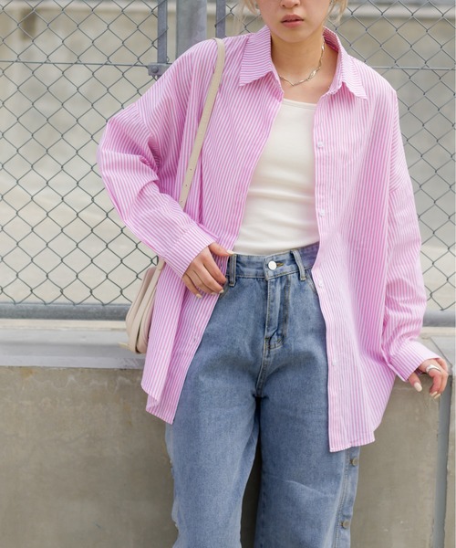 SpRay(スプレイ)の「ストライプシャツ(シャツ/ブラウス・レディース・ブルー/ピンク/イエロー/オレンジ/グリーン/ブラック・FREE)」の8枚目の写真