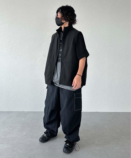 フード付きブラックベスト レディース ブラック フード付き黒ベスト