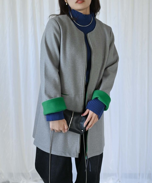 セール】ウールライク配色ミドルコート（ノーカラーコート）｜＆HALF