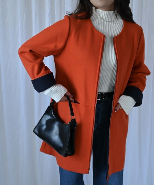 セール】ウールライク配色ミドルコート（ノーカラーコート）｜＆HALF