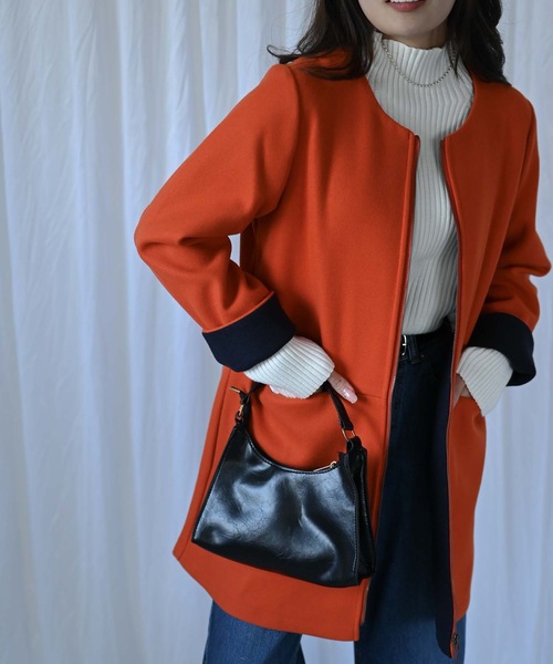 セール】ウールライク配色ミドルコート（ノーカラーコート）｜＆HALF