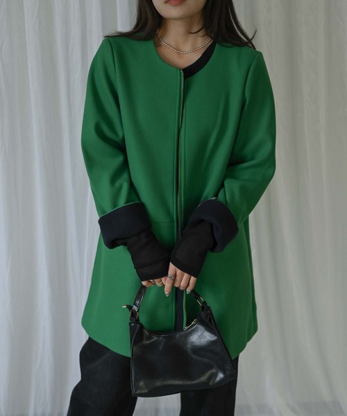 セール】ウールライク配色ミドルコート（ノーカラーコート）｜＆HALF