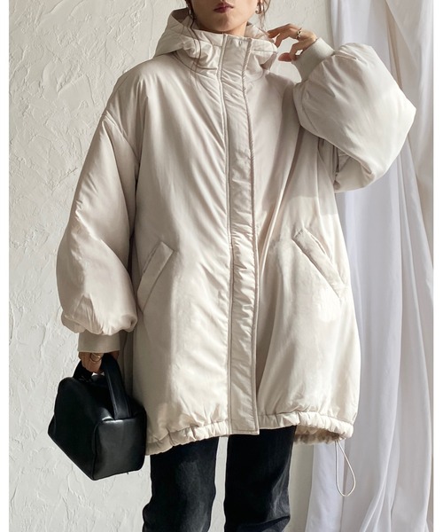 セール】スタンドカラーフード付きロング丈中綿ダウンモンスターコート