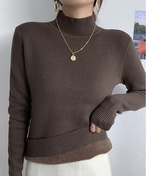 kirakiraShop(キラキラショップ)の「裏起毛 ハイネック ニット トップス(ニット/セーター・レディース・ベージュ/ブラック/ブラウン/アイボリー/オレンジ/ホワイト・S-M/M-L)」の3枚目の写真