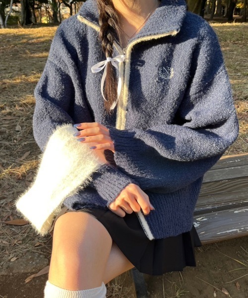 nemne store(ネンネストア)の「【低身長サイズあり】ブークレダブルジッププルオーバー(ニット/セーター・レディース・ネイビー/アイボリー/ボルドー・SMALL/MEDIUM)」の10枚目の写真