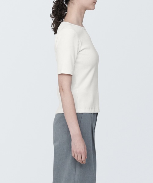 セール】婦人 ストレッチリブ編みクルーネック半袖Tシャツ（T