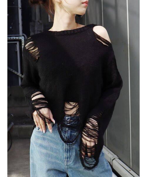 EVRIS（エヴリス）の「ハイダメージニットトップス（ニット/セーター・レディース・ブルー/グリーン/ブラック・FREE）」の2枚目の写真