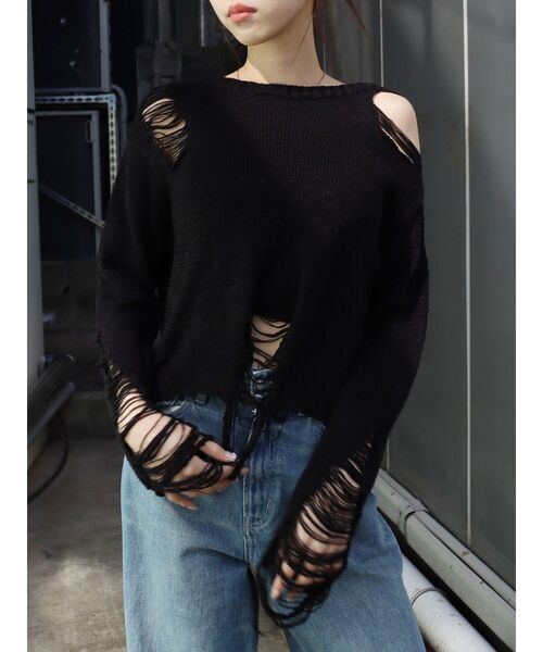 EVRIS（エヴリス）の「ハイダメージニットトップス（ニット/セーター・レディース・ブルー/グリーン/ブラック・FREE）」の8枚目の写真