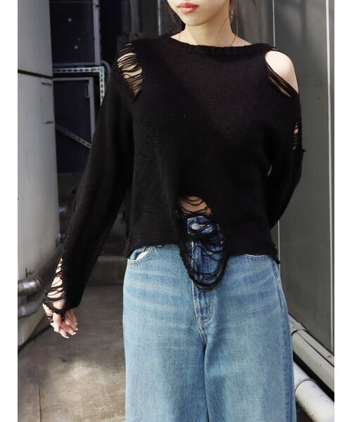 EVRIS（エヴリス）の「ハイダメージニットトップス（ニット/セーター・レディース・ブルー/グリーン/ブラック・FREE）」の9枚目の写真