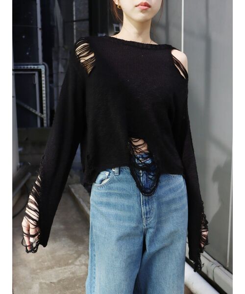 EVRIS（エヴリス）の「ハイダメージニットトップス（ニット/セーター・レディース・ブルー/グリーン/ブラック・FREE）」の10枚目の写真