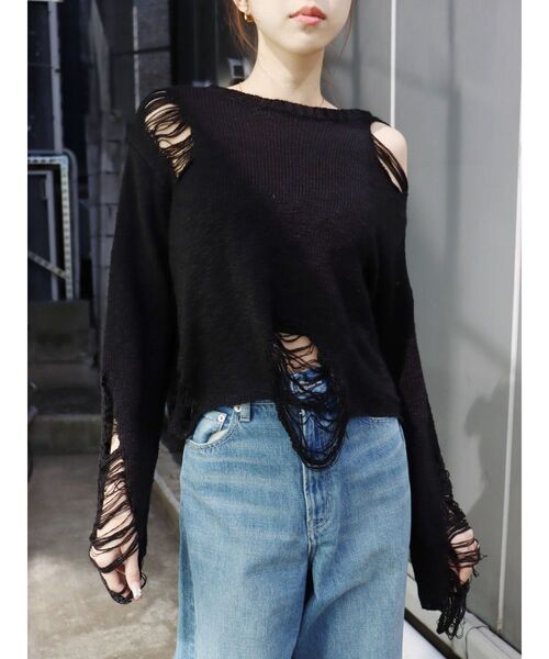 EVRIS（エヴリス）の「ハイダメージニットトップス（ニット/セーター・レディース・ブルー/グリーン/ブラック・FREE）」の11枚目の写真