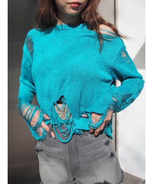 EVRIS（エヴリス）の「ハイダメージニットトップス（ニット/セーター・レディース・ブルー/グリーン/ブラック・FREE）」の18枚目の写真