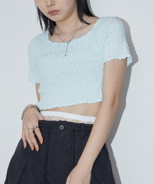 Aunt Marie's(アントマリーズ)の「シャーリングコンパクトトップス(Tシャツ/カットソー・レディース・ミント/ホワイト/ブラック・FREE)」の3枚目の写真