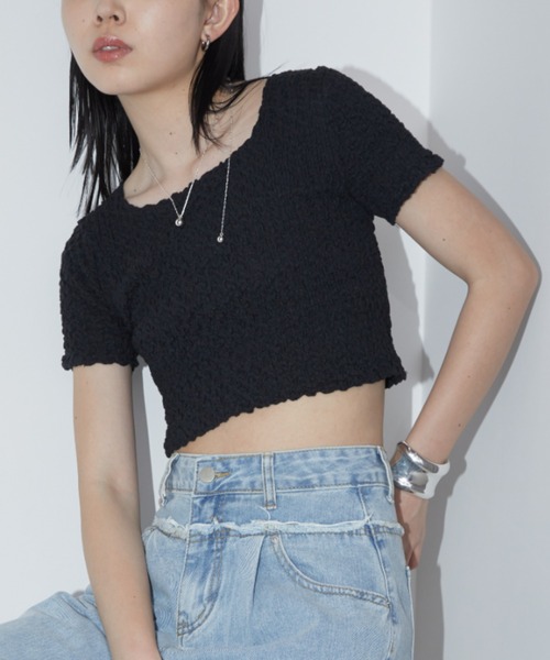 Aunt Marie's(アントマリーズ)の「シャーリングコンパクトトップス(Tシャツ/カットソー・レディース・ミント/ホワイト/ブラック・FREE)」の2枚目の写真
