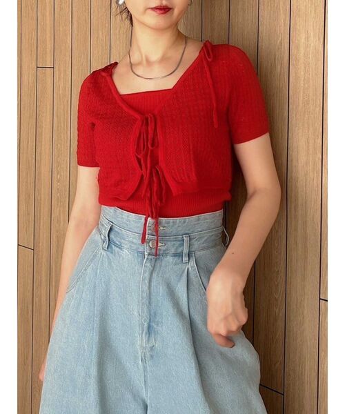 dazzlin(ダズリン)の「フロントリボンクロシェニットSET(ニット/セーター・レディース・レッド/オフホワイト/ライトグレー/チャコールグレー・FREE)」の4枚目の写真