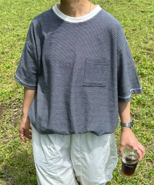 CIAOPANIC TYPY(チャオパニックティピー)の「ボーダー配色ステッチ半袖Tee(Tシャツ/カットソー・メンズ・グレー/オフホワイト/ブラウン/ネイビー・LARGE/MEDIUM)」の4枚目の写真