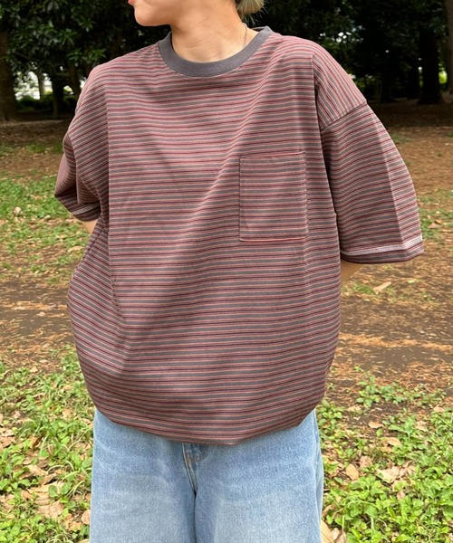 CIAOPANIC TYPY(チャオパニックティピー)の「ボーダー配色ステッチ半袖Tee(Tシャツ/カットソー・メンズ・グレー/オフホワイト/ブラウン/ネイビー・LARGE/MEDIUM)」の3枚目の写真