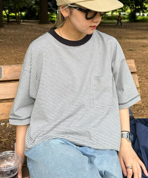 CIAOPANIC TYPY(チャオパニックティピー)の「ボーダー配色ステッチ半袖Tee(Tシャツ/カットソー・メンズ・グレー/オフホワイト/ブラウン/ネイビー・LARGE/MEDIUM)」の2枚目の写真