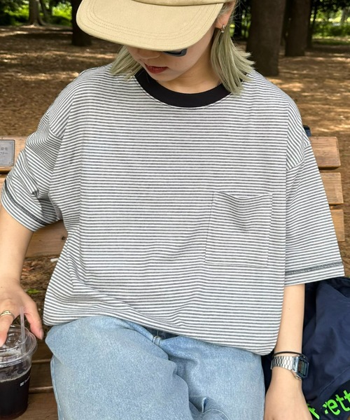 CIAOPANIC TYPY(チャオパニックティピー)の「ボーダー配色ステッチ半袖Tee(Tシャツ/カットソー・メンズ・グレー/オフホワイト/ブラウン/ネイビー・LARGE/MEDIUM)」の10枚目の写真