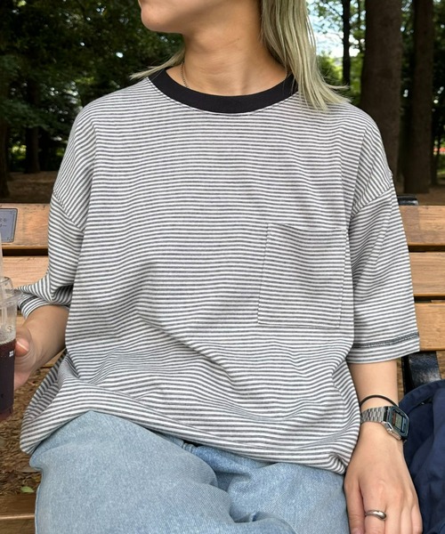 CIAOPANIC TYPY(チャオパニックティピー)の「ボーダー配色ステッチ半袖Tee(Tシャツ/カットソー・メンズ・グレー/オフホワイト/ブラウン/ネイビー・LARGE/MEDIUM)」の12枚目の写真