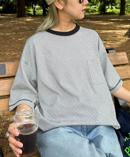 CIAOPANIC TYPY(チャオパニックティピー)の「ボーダー配色ステッチ半袖Tee(Tシャツ/カットソー・メンズ・グレー/オフホワイト/ブラウン/ネイビー・LARGE/MEDIUM)」の11枚目の写真