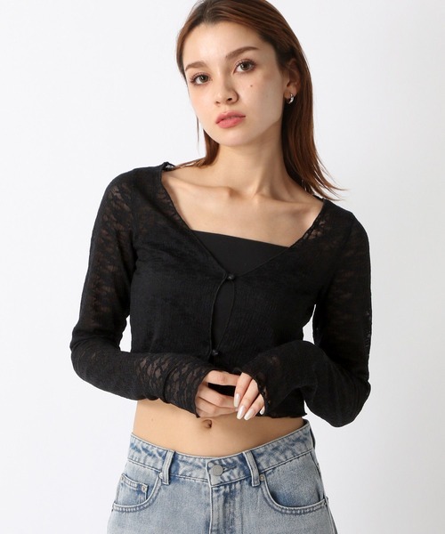FOREVER 21(フォーエバー トゥエンティーワン)の「【2024SS】コンパクトレースカーディガン(カーディガン/ボレロ・レディース・ブラック/ホワイト/ピンク・FREE)」の2枚目の写真
