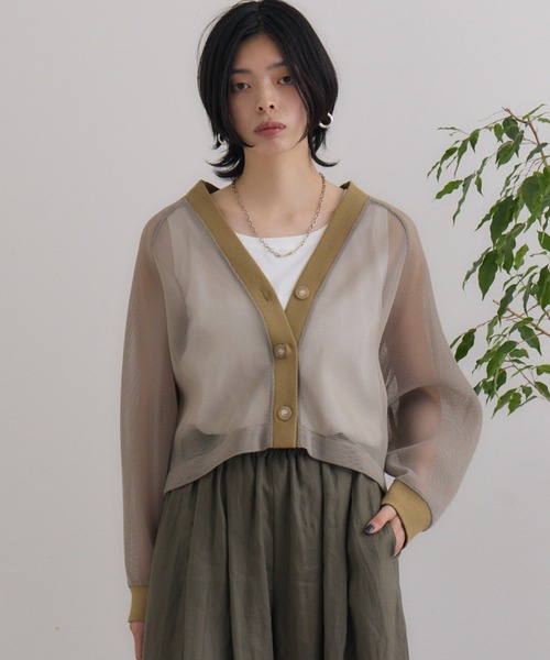 CLOCHE クロッシェ　メッシュダンボールカーディガン　02　カーキ CLOCHE（クロシェ）の「cloche メッシュダンボールカーディガン