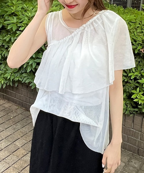 Rouge vif（ルージュヴィフ）の「マルチウェイメッシュフリル付きタンクトップ（シャツ/ブラウス・レディース・ブラック/オフホワイト・フリー）」の18枚目の写真