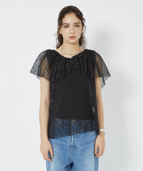 Rouge vif（ルージュヴィフ）の「マルチウェイメッシュフリル付きタンクトップ（シャツ/ブラウス・レディース・ブラック/オフホワイト・フリー）」の10枚目の写真