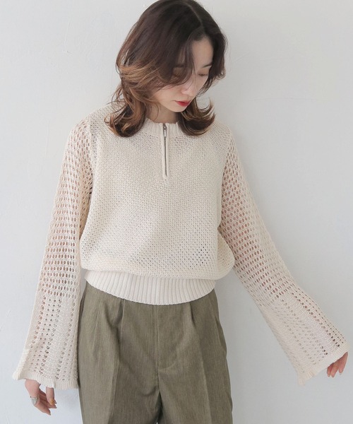 CLEIO(クレイオ)の「【CLEIO】透かし編みジッププルオーバー ×(ニット/セーター・レディース・アイボリー/ブラック/ライトカーキ・FREE)」の2枚目の写真