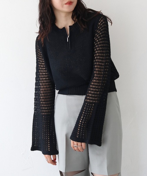 CLEIO(クレイオ)の「【CLEIO】透かし編みジッププルオーバー ×(ニット/セーター・レディース・アイボリー/ブラック/ライトカーキ・FREE)」の4枚目の写真