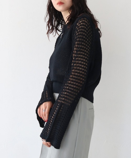 CLEIO(クレイオ)の「【CLEIO】透かし編みジッププルオーバー ×(ニット/セーター・レディース・アイボリー/ブラック/ライトカーキ・FREE)」の6枚目の写真