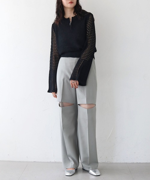 CLEIO(クレイオ)の「【CLEIO】透かし編みジッププルオーバー ×(ニット/セーター・レディース・アイボリー/ブラック/ライトカーキ・FREE)」の9枚目の写真