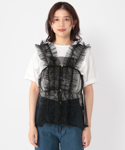 ハレの日コーデ❣️フリルチュールドッキングベスト フリルベスト ジレ 黒Frene ハレの日コーデ❣️フリルチュールドッキングベスト フリル