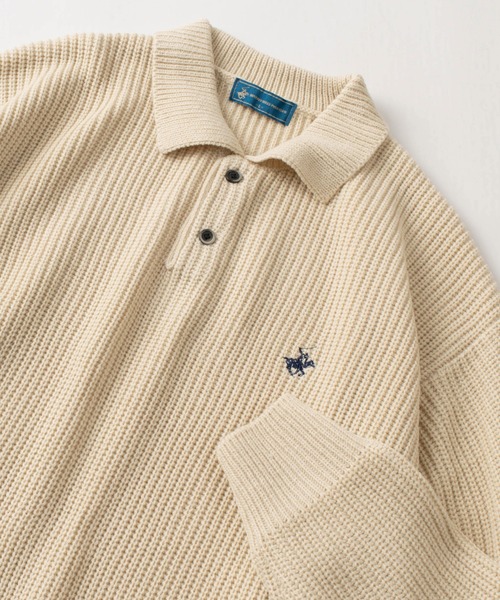 BEVERLY HILLS POLO CLUB(ビバリーヒルズポロクラブ)の「【BEVERLY HILLS POLO CLUB/ビバリーヒルズポロクラブ】ワンポイントロゴ刺繍デザイン ビッグシルエット 畦編み ロングスリーブポロニット/オーバーサイズ(ニット/セーター・レディース・ブラック/アイボリー・L/M)」の1枚目の写真
